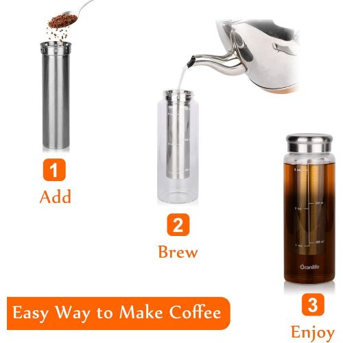  Oranlife Cold Brew Coffee Maker, Premium Quality Glass Carafe with Airtight Stainless Steel Lid Brews Hot or Iced Coffee Tea Includes Removable Mesh Filter Fruit Infuser 1.5 Quart / 48 oz/