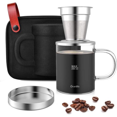  Oranlife Pour Over Coffee Maker Set for Travel/Camping/Hiking, Single Cup, Stainless Steel Coffee Filter, 14 Oz Borosilicate Glass Mug, Extra Permanent Lid and Moulded Neoprene Case, at Hom