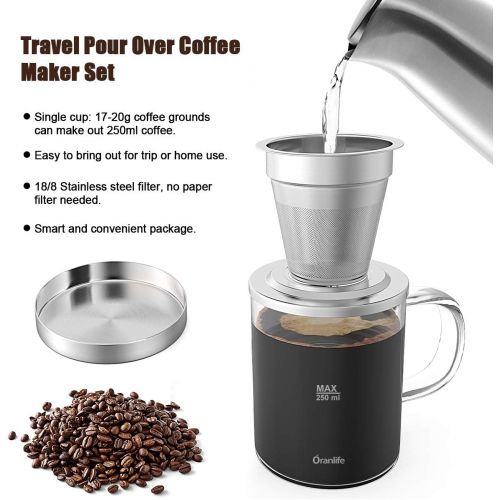  Oranlife Pour Over Coffee Maker Set for Travel/Camping/Hiking, Single Cup, Stainless Steel Coffee Filter, 14 Oz Borosilicate Glass Mug, Extra Permanent Lid and Moulded Neoprene Case, at Hom