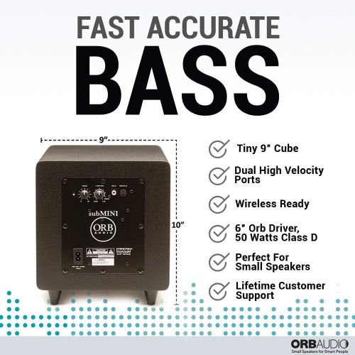  Orb Audio: subMINI Subwoofer - 9” Cube - Dual High Velocity Ports - 50 Clean Watts Of Class D Power - Adjustable Crossover and LFE Setting - Fast, Accurate Bass