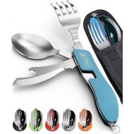 Orblue 4-in-1 Camping Utensils, 2-Pack - Portable Stainless Steel Spoon, Fork, Knife & Bottle Opener Combo Set - Travel, Backpacking Cutlery Multitool, Blue