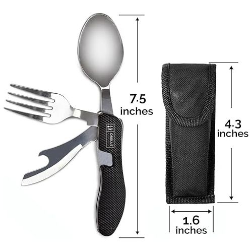  Orblue 4-in-1 Camping Utensils, 2-Pack - Portable Stainless Steel Spoon, Fork, Knife & Bottle Opener Combo Set - Travel, Backpacking Cutlery Multitool, Blue