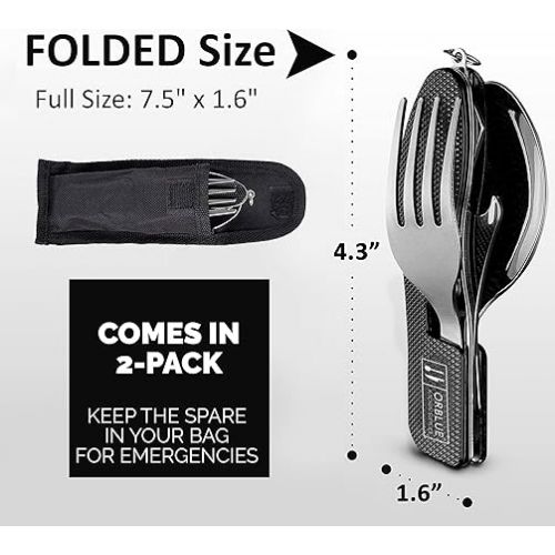  Orblue 4-in-1 Camping Utensils, 2-Pack - Portable Stainless Steel Spoon, Fork, Knife & Bottle Opener Combo Set - Travel, Backpacking Cutlery Multitool, Blue