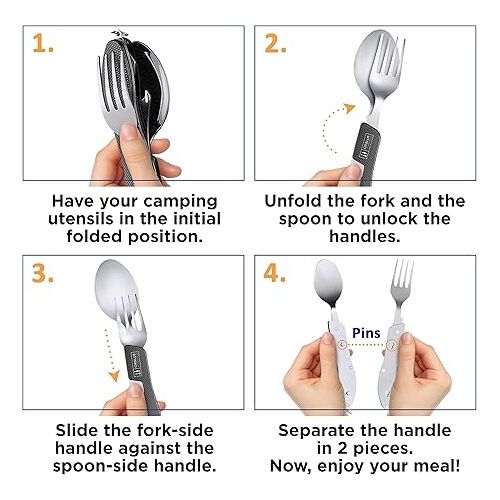  Orblue 4-in-1 Camping Utensils, 2-Pack - Portable Stainless Steel Spoon, Fork, Knife & Bottle Opener Combo Set - Travel, Backpacking Cutlery Multitool, Blue