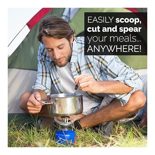  Orblue 4-in-1 Camping Utensils, 2-Pack - Portable Stainless Steel Spoon, Fork, Knife & Bottle Opener Combo Set - Travel, Backpacking Cutlery Multitool, Blue