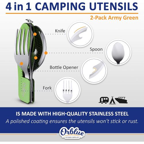  Orblue 4 in 1 Camping Utensils, 2 Pack, Portable Stainless Steel Spoon, Fork, Knife & Bottle Opener Combo Set Travel, Backpacking Cutlery Multitool