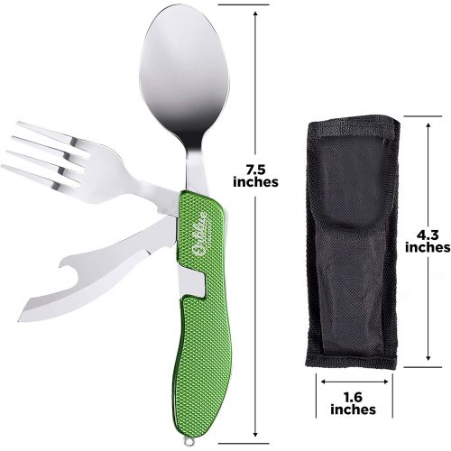  Orblue 4 in 1 Camping Utensils, 2 Pack, Portable Stainless Steel Spoon, Fork, Knife & Bottle Opener Combo Set Travel, Backpacking Cutlery Multitool