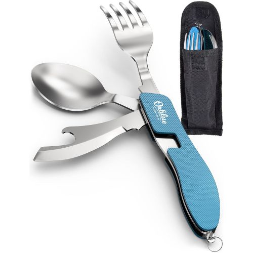  Orblue 4-in-1 Camping Utensils, 2-Pack, Portable Stainless Steel Spoon, Fork, Knife & Bottle Opener Combo Set - Travel, Backpacking Cutlery Multitool