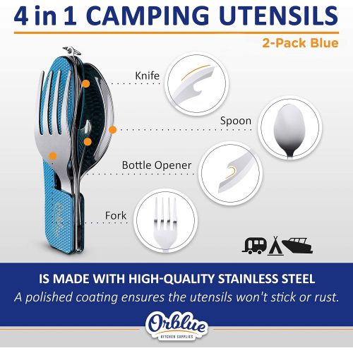  Orblue 4-in-1 Camping Utensils, 2-Pack, Portable Stainless Steel Spoon, Fork, Knife & Bottle Opener Combo Set - Travel, Backpacking Cutlery Multitool