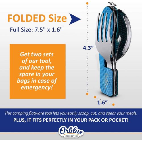  Orblue 4-in-1 Camping Utensils, 2-Pack, Portable Stainless Steel Spoon, Fork, Knife & Bottle Opener Combo Set - Travel, Backpacking Cutlery Multitool