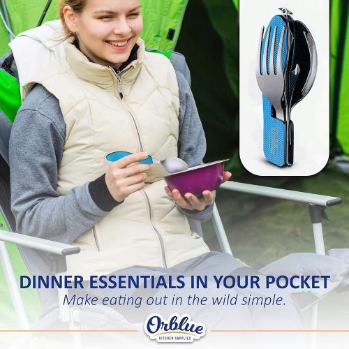  Orblue 4-in-1 Camping Utensils, 2-Pack, Portable Stainless Steel Spoon, Fork, Knife & Bottle Opener Combo Set - Travel, Backpacking Cutlery Multitool