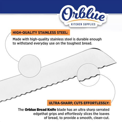  [아마존베스트]Orblue Serrated Bread Knife Ultra-Sharp Stainless Steel Professional Grade Bread Cutter - Cuts Thick Loaves Effortlessly - Ideal for Slicing Bread, Bagels, Cake (8-Inch Blade with