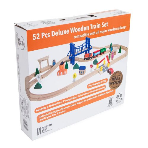  Orbrium Toys 52 Pcs Deluxe Wooden Train Set with 3 Destinations Fits Thomas, Brio, Chuggington, Melissa and Doug, Imaginarium Wooden Train
