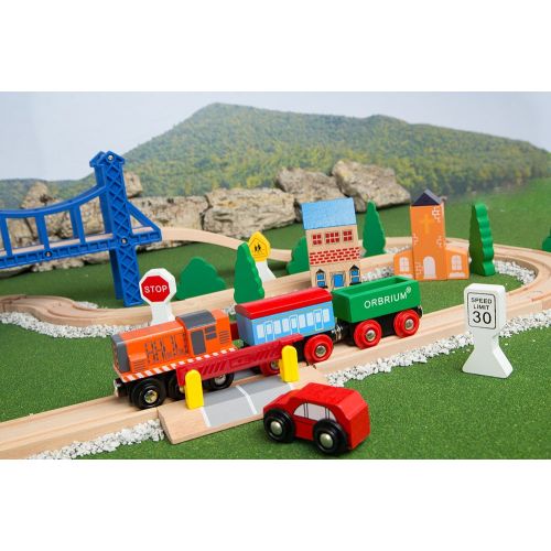  Orbrium Toys 52 Pcs Deluxe Wooden Train Set with 3 Destinations Fits Thomas, Brio, Chuggington, Melissa and Doug, Imaginarium Wooden Train