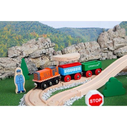  Orbrium Toys 52 Pcs Deluxe Wooden Train Set with 3 Destinations Fits Thomas, Brio, Chuggington, Melissa and Doug, Imaginarium Wooden Train