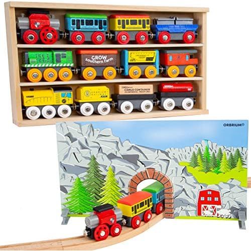  [아마존베스트]Orbrium Toys 12 (20 Pcs) Wooden Train Cars for Kids + Dual-use Wooden Box Cover/Tunnel Wooden Train Set Trains Toy Compatible with Thomas Wooden Railway, Thomas The Tank Engine, Br