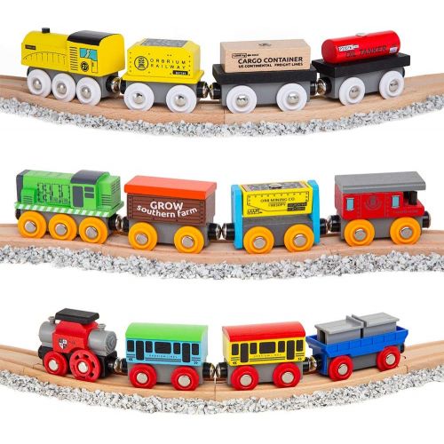  [아마존베스트]Orbrium Toys 12 (20 Pcs) Wooden Train Cars for Kids + Dual-use Wooden Box Cover/Tunnel Wooden Train Set Trains Toy Compatible with Thomas Wooden Railway, Thomas The Tank Engine, Br