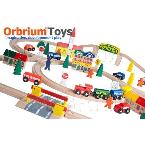  100-Piece Orbrium Toys Triple-Loop Wooden Train Set Fits Thomas Brio Chuggington