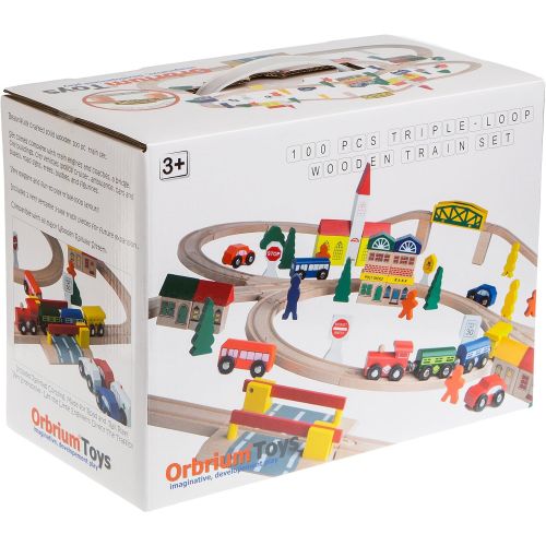  100-Piece Orbrium Toys Triple-Loop Wooden Train Set Fits Thomas Brio Chuggington