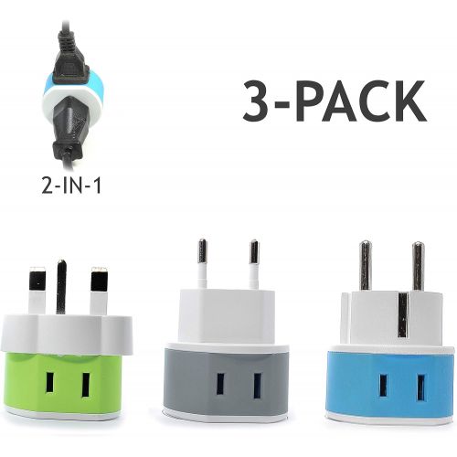  [아마존베스트]Orei Full European Travel Adapter Set by OREI - Dual Input American to Europe, Germany, England, Spain, Italy, Iceland, France, (Type G, E/F, Type C) - 3 Pack, Safe Grounded Use for Cel