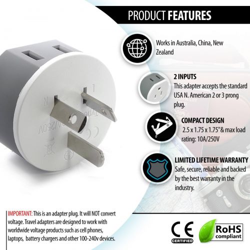  [아마존베스트]Orei Australia, New Zealand, China Power Plug Adapter by OREI with 2 USA Inputs - Travel 3 Pack - Type I (US-16) Safe Grounded Use with Cell Phones, Laptop, Camera Chargers, CPAP, and M