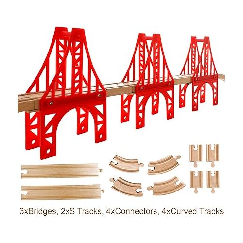  Wooden Train Bridges, 3 Suspension Bridge, Wooden Train Track Accessories, Wooden Train Track, Train Tracks Compatible with All Major Brands, Wooden Toys for Girls & Boys