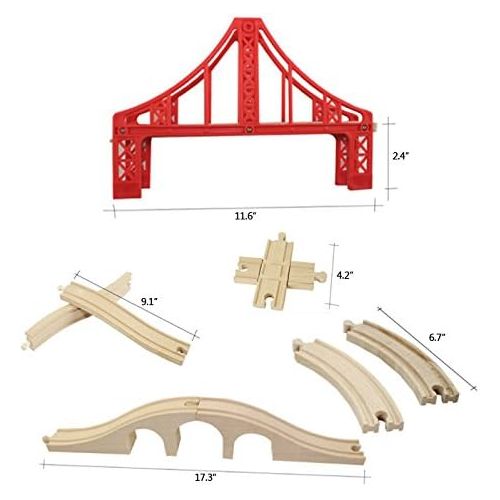  OrgMemory Wooden Train Tracks, Wooden Train Bridge, Suspension Bridge, Brick Bridge, Crossing Track, Curved Track and Wooden Stop Track Compatible with All Major Brands