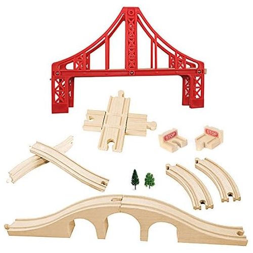  OrgMemory Wooden Train Tracks, Wooden Train Bridge, Suspension Bridge, Brick Bridge, Crossing Track, Curved Track and Wooden Stop Track Compatible with All Major Brands