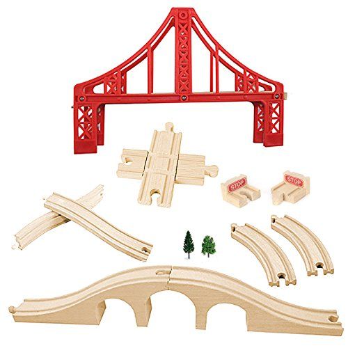  OrgMemory Wooden Train Tracks, Wooden Train Bridge, Suspension Bridge, Brick Bridge, Crossing Track, Curved Track and Wooden Stop Track Compatible with All Major Brands