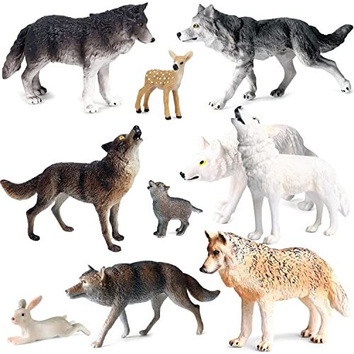  OrgMemory Wolf Animals Figures, Wolf Figures Toy Set, 10pcs, Safari Animals Figures for Diorama, Crafts, Child Educational, Cake Decor (Wolf Set A)