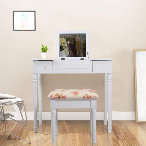  Organizedlife White Vanity Dressing Table with Stool Mirror Jewelry Cabinet for Dressing and Makeup