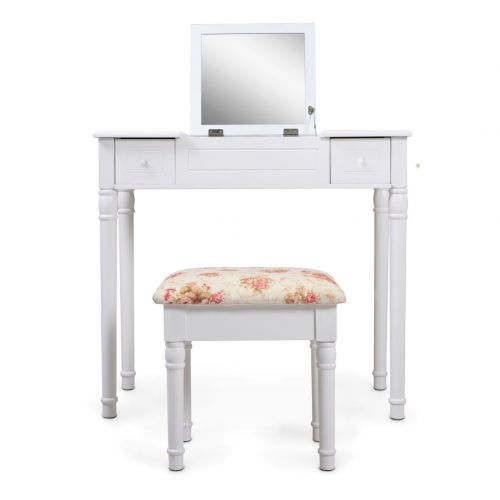  Organizedlife White Vanity Dressing Table with Stool Mirror Jewelry Cabinet for Dressing and Makeup