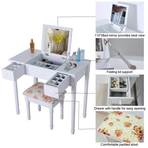  Organizedlife White Vanity Dressing Table with Stool Mirror Jewelry Cabinet for Dressing and Makeup