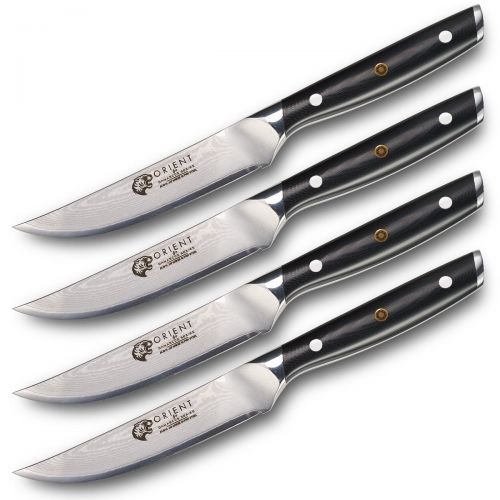  Orient 13cm Damaststahl Steak Messer Steakbesteck  4 teiliges Damastmesser Set Aus Japanischem AUS-10 Edelstahl - 67-Lagiges Professionelles Kuechenmesser In Geschenkverpackung mit Klinge