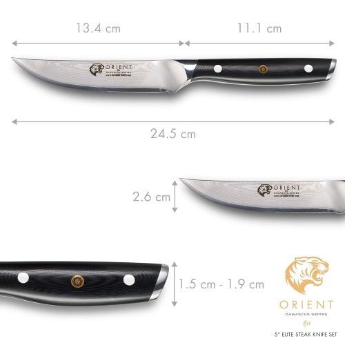  Orient 13cm Damaststahl Steak Messer Steakbesteck  4 teiliges Damastmesser Set Aus Japanischem AUS-10 Edelstahl - 67-Lagiges Professionelles Kuechenmesser In Geschenkverpackung mit Klinge