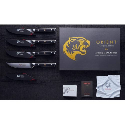  Orient 13cm Damaststahl Steak Messer Steakbesteck  4 teiliges Damastmesser Set Aus Japanischem AUS-10 Edelstahl - 67-Lagiges Professionelles Kuechenmesser In Geschenkverpackung mit Klinge