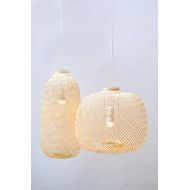 OrientalBazar Bamboo Pendant Light, Repurposed Fish Trap Ceiling Lamp, Asian Oblong and Round Woven Bamboo Hanging Lamp, Boho Chinese Lantern / PL05