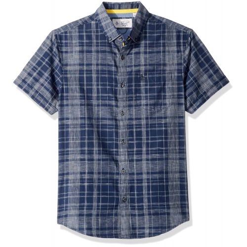  Original+Penguin Original Penguin Mens Short Linen Yarndye Plaid Shirt