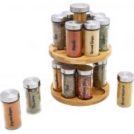 Orii Bamboo Rotating 16 Jar 2 Tier Spice Rack Filled with Spices - Rotating Standing Rack Shelf Holder & Countertop Spice Rack Tower Organizer for Kitchen Spices, Free Spice Refill