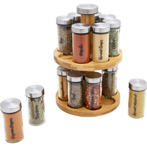  Orii Bamboo Rotating 16 Jar 2 Tier Spice Rack Filled with Spices - Rotating Standing Rack Shelf Holder & Countertop Spice Rack Tower Organizer for Kitchen Spices, Free Spice Refill