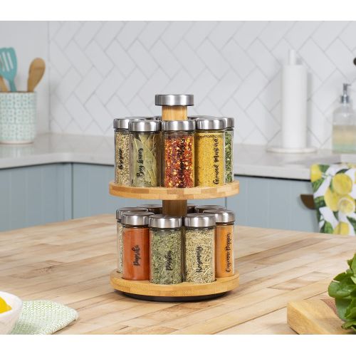  Orii Bamboo Rotating 16 Jar 2 Tier Spice Rack Filled with Spices - Rotating Standing Rack Shelf Holder & Countertop Spice Rack Tower Organizer for Kitchen Spices, Free Spice Refill