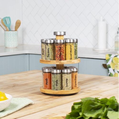  Orii Bamboo Rotating 16 Jar 2 Tier Spice Rack Filled with Spices - Rotating Standing Rack Shelf Holder & Countertop Spice Rack Tower Organizer for Kitchen Spices, Free Spice Refill