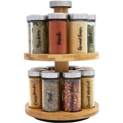  Orii Bamboo Rotating 16 Jar 2 Tier Spice Rack Filled with Spices - Rotating Standing Rack Shelf Holder & Countertop Spice Rack Tower Organizer for Kitchen Spices, Free Spice Refill