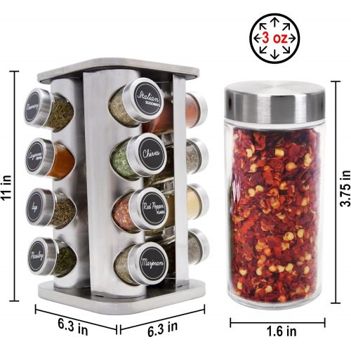  Orii Brushed Stainless Steel 16 Jar Rotating Spice Rack Filled with Spices - Rotating Standing Rack & Countertop Spice Rack Tower Organizer for Kitchen Spices, Free Spice Refills f