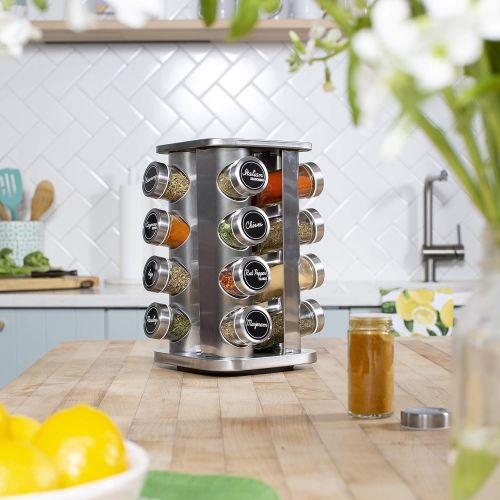  Orii Brushed Stainless Steel 16 Jar Rotating Spice Rack Filled with Spices - Rotating Standing Rack & Countertop Spice Rack Tower Organizer for Kitchen Spices, Free Spice Refills f