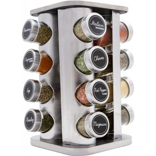  Orii Brushed Stainless Steel 16 Jar Rotating Spice Rack Filled with Spices - Rotating Standing Rack & Countertop Spice Rack Tower Organizer for Kitchen Spices, Free Spice Refills f