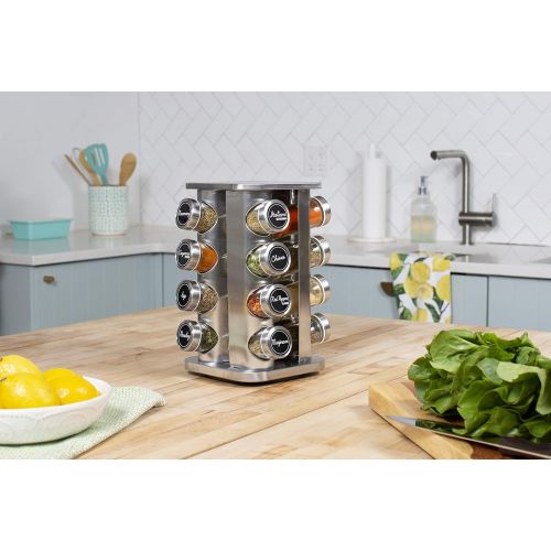  Orii Brushed Stainless Steel 16 Jar Rotating Spice Rack Filled with Spices - Rotating Standing Rack & Countertop Spice Rack Tower Organizer for Kitchen Spices, Free Spice Refills f