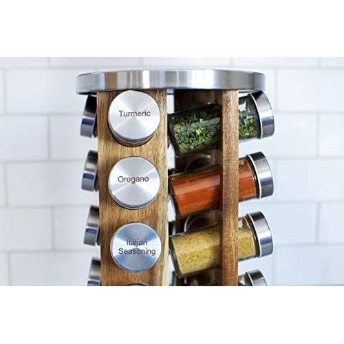  Orii 20 Jar Spice Organizer Rack in Natural Acacia Wood Filled with Spices - Rotating Standing Rack & Countertop Spice Rack Tower Organizer for Kitchen Spices, Free Spice Refills f