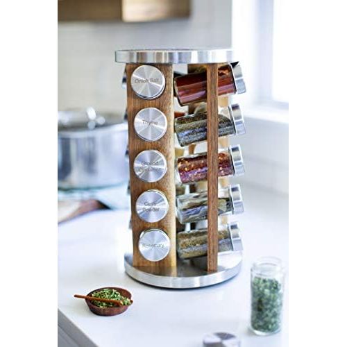  Orii 20 Jar Spice Organizer Rack in Natural Acacia Wood Filled with Spices - Rotating Standing Rack & Countertop Spice Rack Tower Organizer for Kitchen Spices, Free Spice Refills f