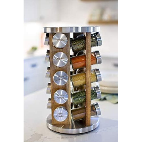  Orii 20 Jar Spice Organizer Rack in Natural Acacia Wood Filled with Spices - Rotating Standing Rack & Countertop Spice Rack Tower Organizer for Kitchen Spices, Free Spice Refills f